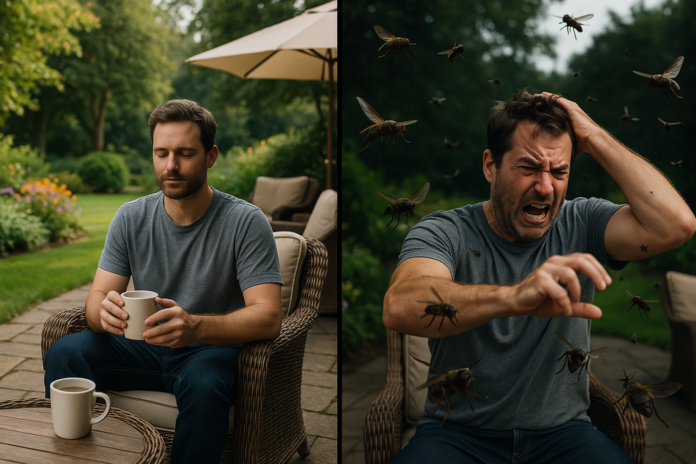 Peaceful patio scene contrasted with person swatting aggressive horse flies